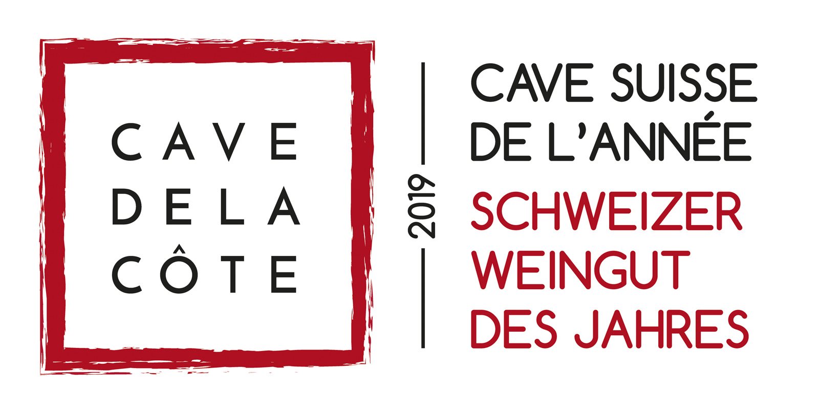 Logo commémoratif : le carré rouge brossé de Cave de la Côte, puis la mention Cave suisse de l'année 2019 en français et Schweizer Weingut des Jahres en allemand