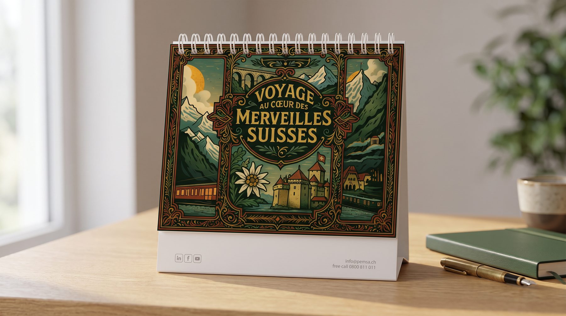 Le calendrier 2026 de Pemsa Group posé sur un bureau, couverture Voyage au cœur des merveilles suisses