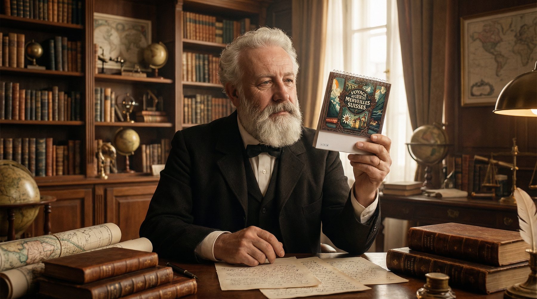 Jules Verne, dans son cabinet de travail, tient le calendrier Voyage au cœur des merveilles suisses et l'examine