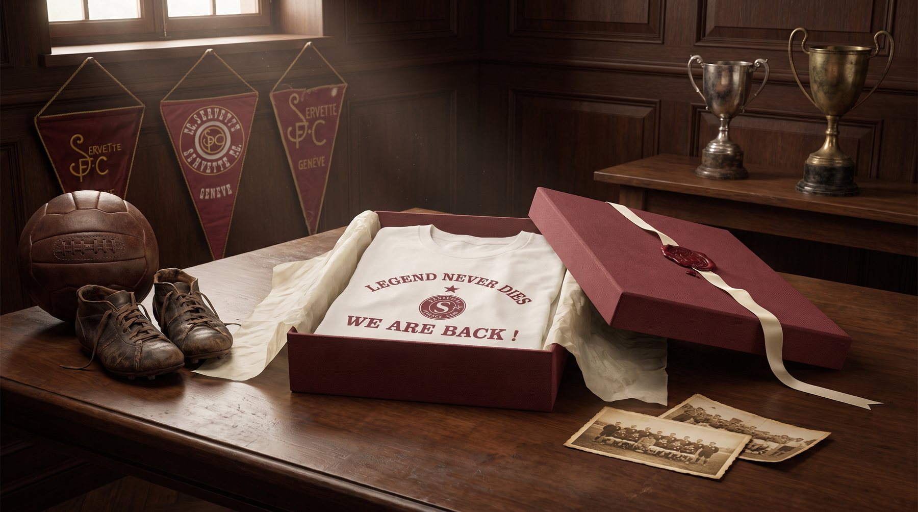Le t-shirt de la promotion, « Legend never dies, we are back ! », présenté dans un coffret grenat au milieu de fanions, d'un ballon et de trophées anciens