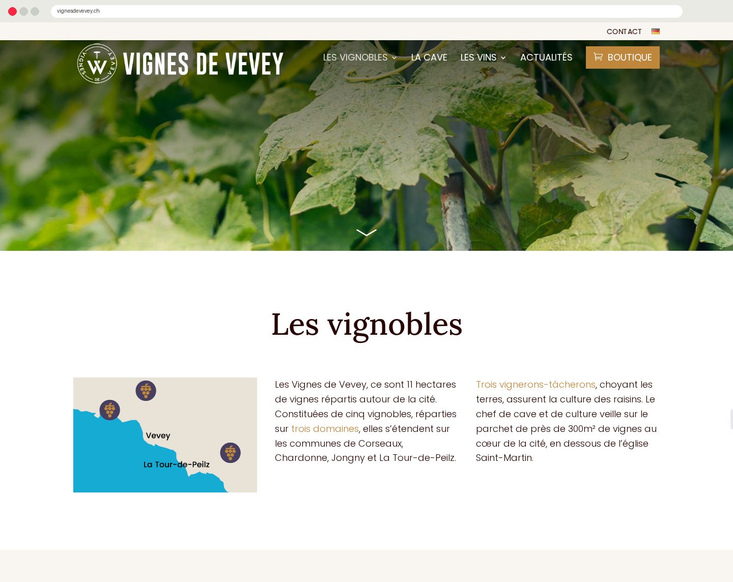 Page Les vignobles : carte des domaines autour de Vevey et fiche du Domaine des Allours avec la parole de Corinne Buttet