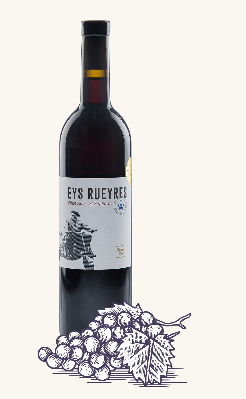 Bouteille d'Eys Rueyres, pinot noir de Saint-Saphorin, posée sur une grappe de raisin dessinée au trait