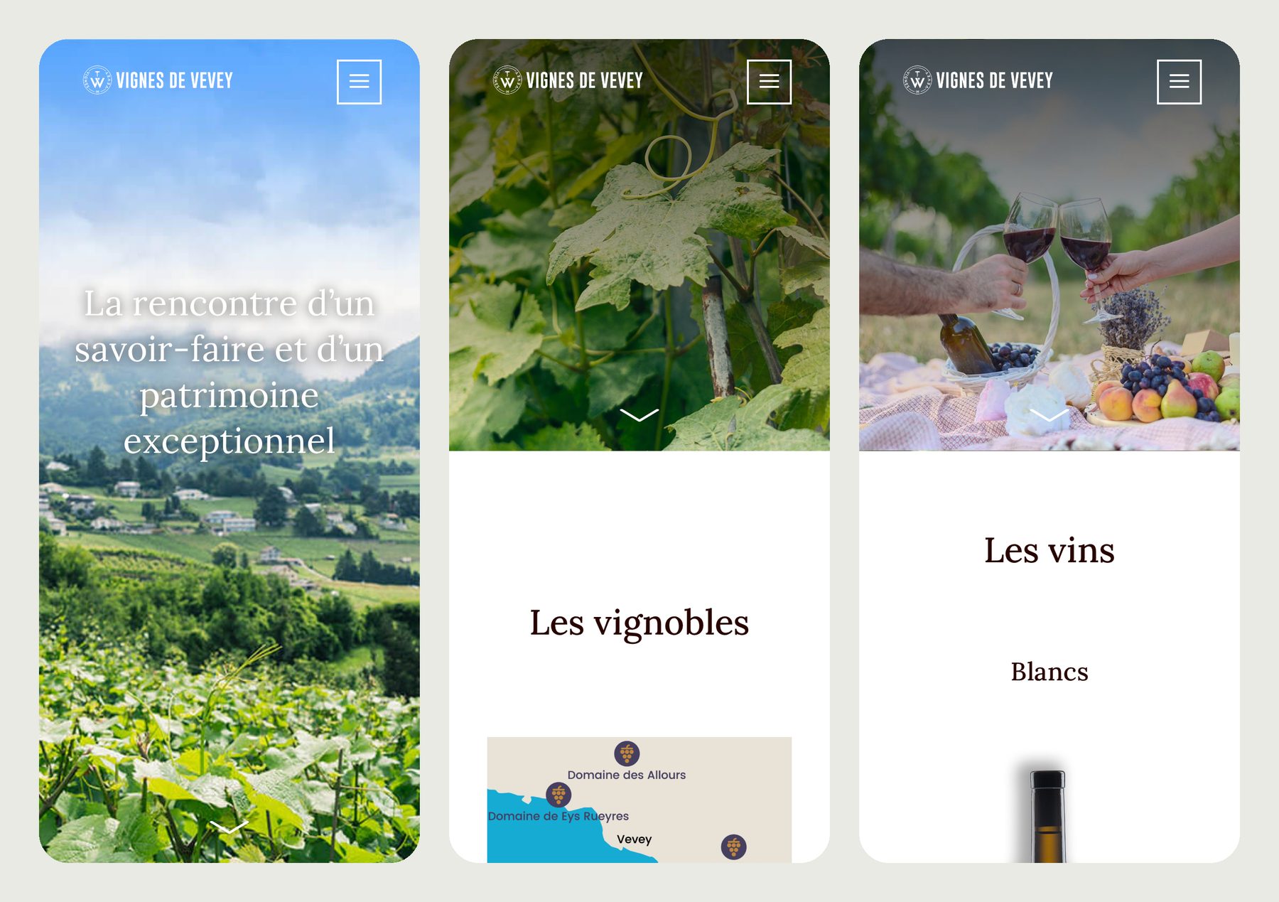 Trois écrans de téléphone montrant l'accueil, la page des vignobles et la page des vins de vignesdevevey.ch